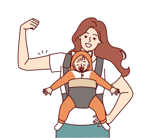 Una madre fuerte con un recién nacido en un portabebés muestra bíceps demostrando confianza en el futuro del niño  Ilustración