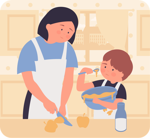 Madre preparando comida para niño  Ilustración