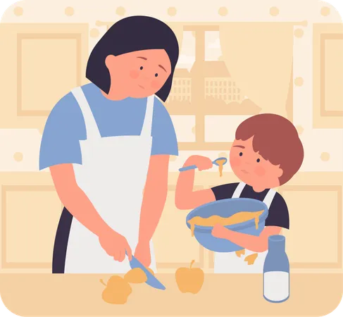 Madre preparando comida para niño  Ilustración