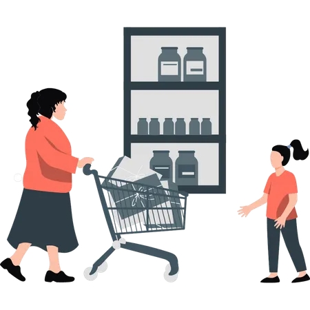 Madre haciendo compras con su hijo  Ilustración