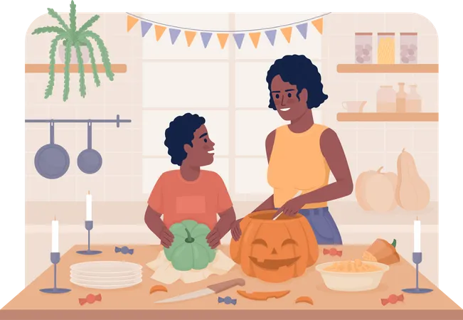 Madre haciendo linterna de calabaza con ayuda de su hijo  Ilustración