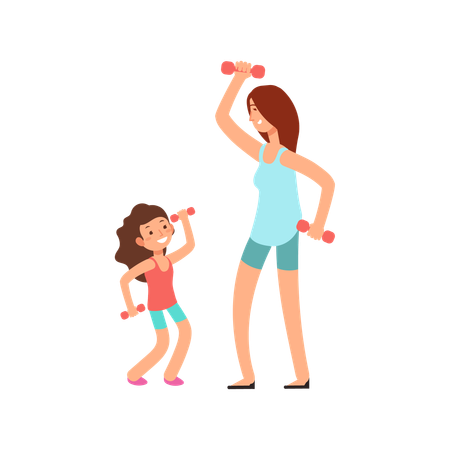 Madre hija haciendo ejercicio físico  Ilustración