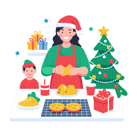 Mamá horneando galletas para Navidad  Ilustración