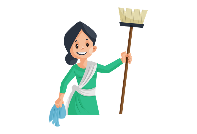 Madre india lista para limpiar la casa con un trapeador en la mano  Ilustración