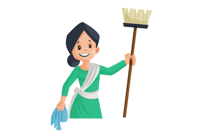 Madre india lista para limpiar la casa con un trapeador en la mano  Ilustración
