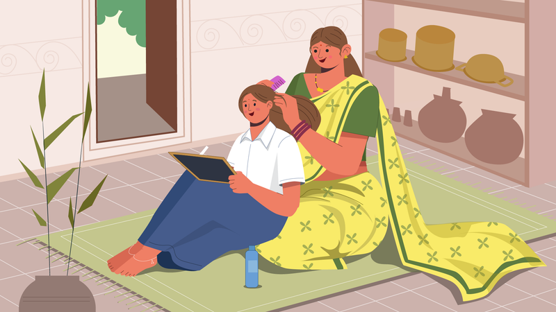 Madre india peinando el cabello de su hija  Ilustración