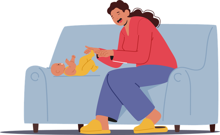 Madre interactúa con su bebé recién nacido mientras está sentada en un cómodo sofá  Ilustración