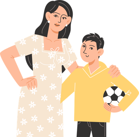 La joven madre abraza a su hijo sosteniendo un balón de fútbol  Ilustración