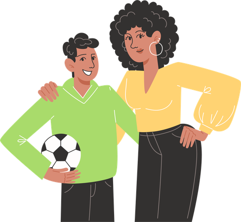 Madre joven abrazando a su hijo sosteniendo un balón de fútbol  Ilustración