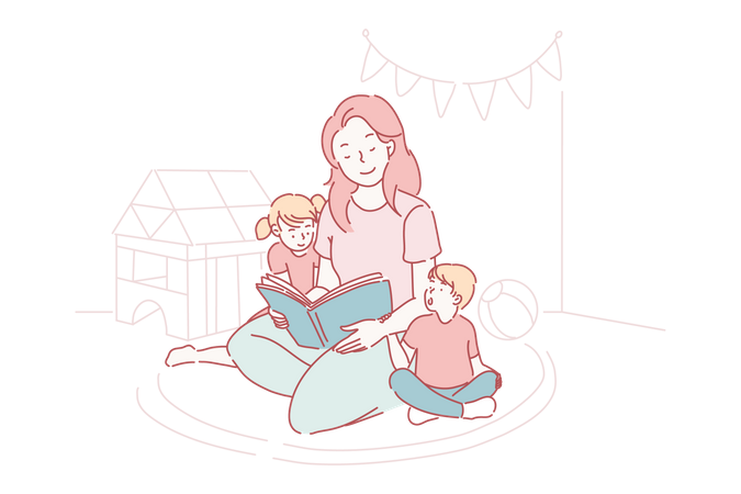Madre joven leyendo cuentos de hadas a su hijo y a su hija.  Ilustración