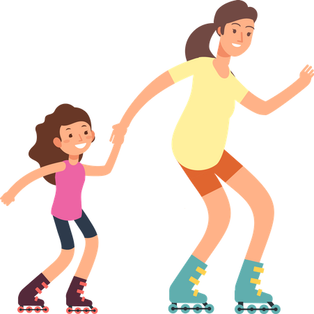 Madre joven patinando con su hija  Ilustración