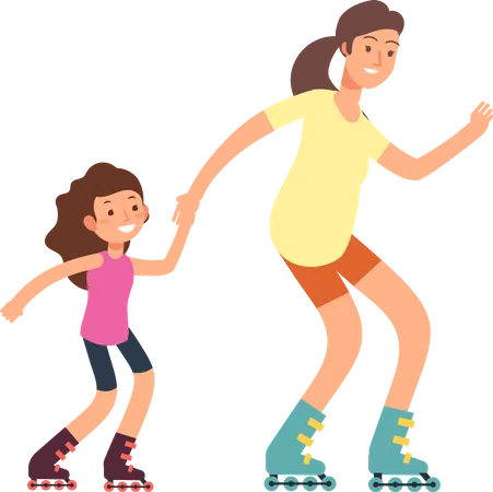 Madre joven patinando con su hija  Ilustración