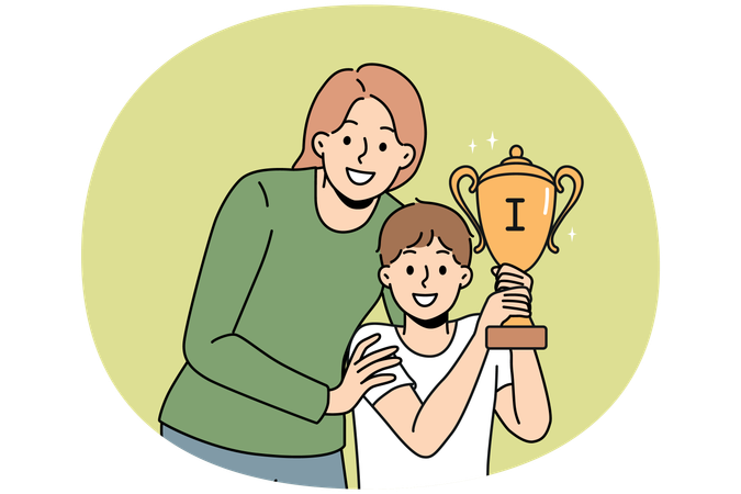 Una joven madre sonriente abraza a su pequeño hijo sosteniendo un trofeo de oro y celebra la victoria en la competición  Ilustración