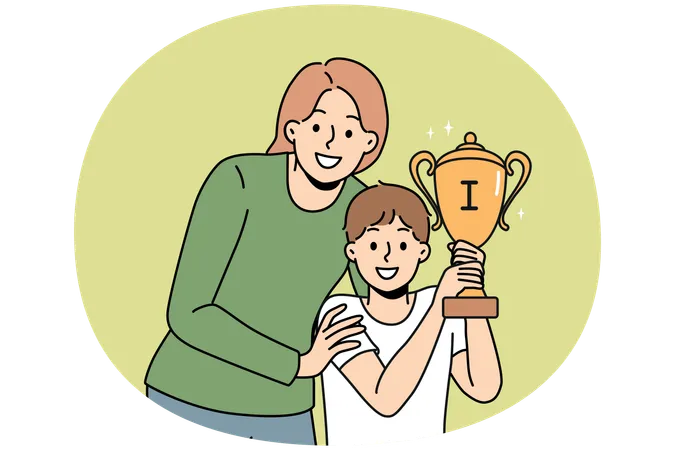 Una joven madre sonriente abraza a su pequeño hijo sosteniendo un trofeo de oro y celebra la victoria en la competición  Ilustración