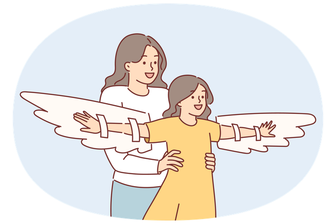 Madre juega con su hija usando alas imaginarias para motivarla a alcanzar sus metas.  Ilustración