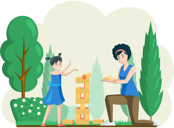 Madre juega jenga con su hijo  Ilustración