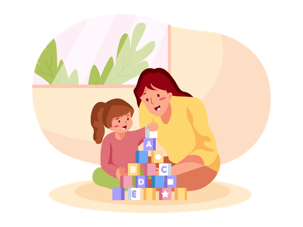 Madre jugando con niños en casa  Ilustración