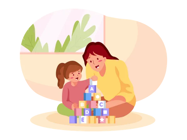 Madre jugando con niños en casa  Ilustración