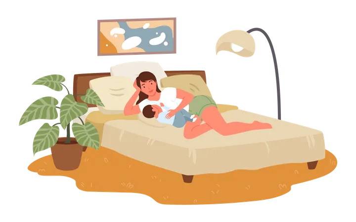 Madre amamantando al niño mientras duerme  Ilustración