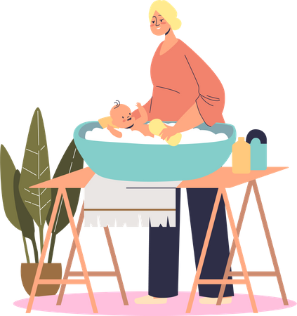 Madre lavando al bebé en un pequeño baño  Ilustración