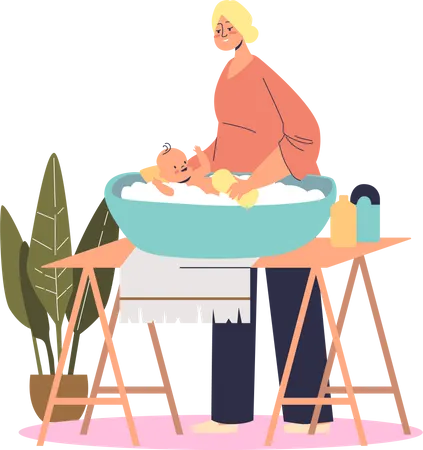 Madre lavando al bebé en un pequeño baño  Ilustración