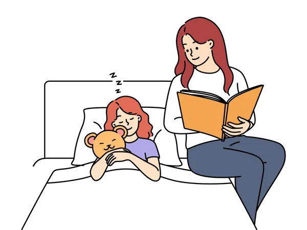 Madre leyendo cuentos para dormir a su hija  Ilustración