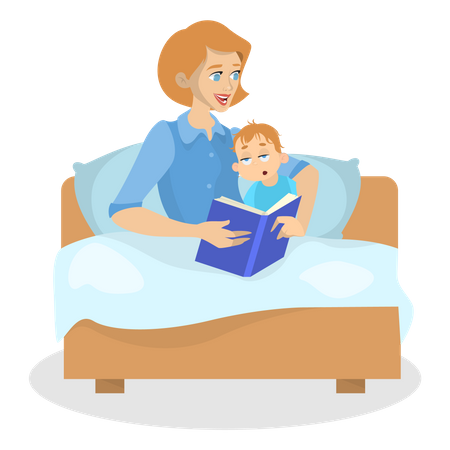 Madre leyendo un libro para un niño antes de acostarse  Ilustración