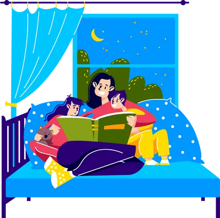 Madre leyendo un cuento antes de dormir a los niños  Ilustración