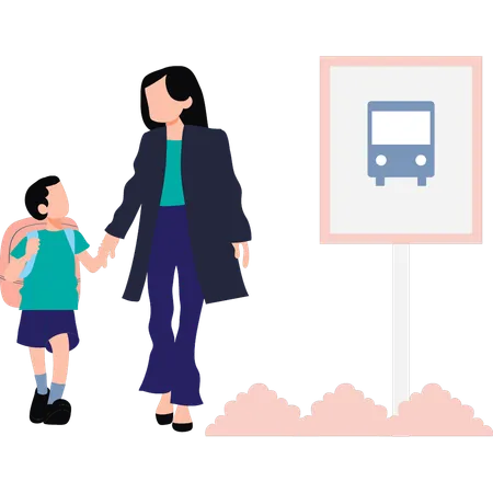 La madre lleva a su hijo a la escuela.  Ilustración