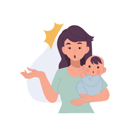 La madre lleva al bebé en el brazo y nota algo.  Ilustración
