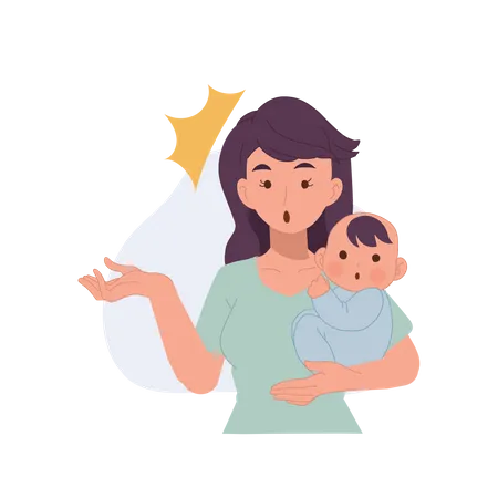 La madre lleva al bebé en el brazo y nota algo.  Ilustración