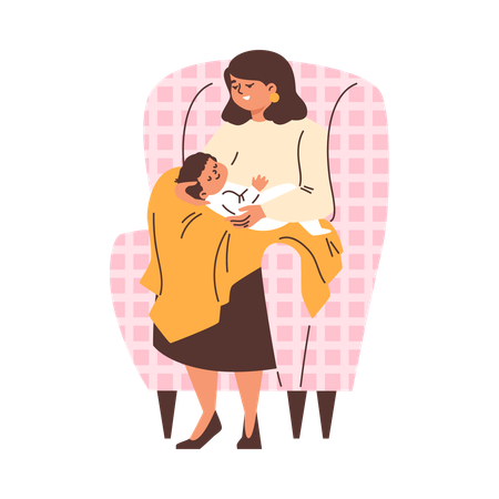 La madre mece suavemente a su hijo en sus brazos y lo sienta en una silla.  Ilustración