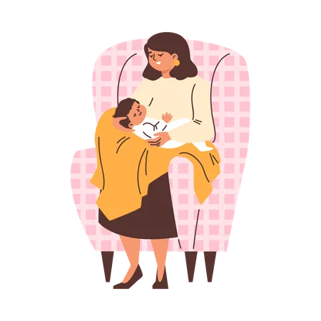 La madre mece suavemente a su hijo en sus brazos y lo sienta en una silla.  Ilustración