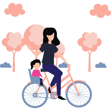 La madre monta a su hijo en bicicleta en el parque  Ilustración