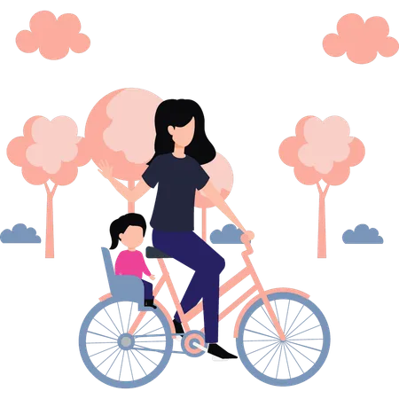 La madre monta a su hijo en bicicleta en el parque  Ilustración