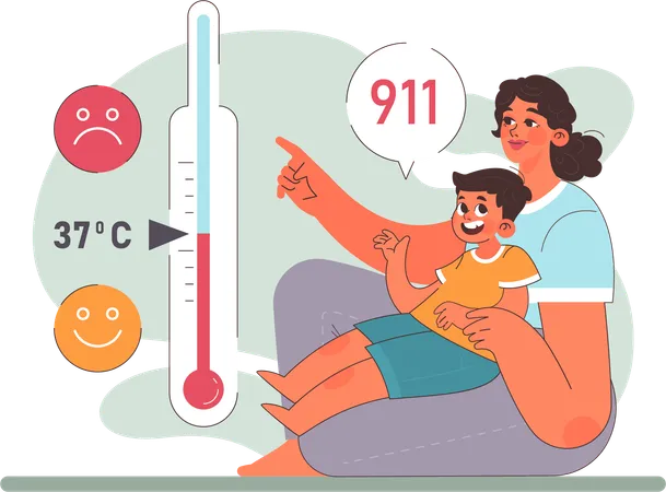 Madre mostrando la temperatura del termómetro  Ilustración