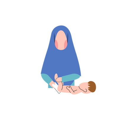 Madre musulmana le cambia el pañal al bebé  Ilustración