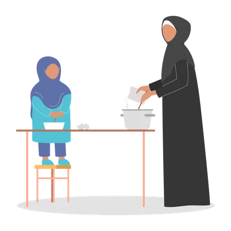 Madre musulmana cocinando comida con la ayuda de su hija  Ilustración