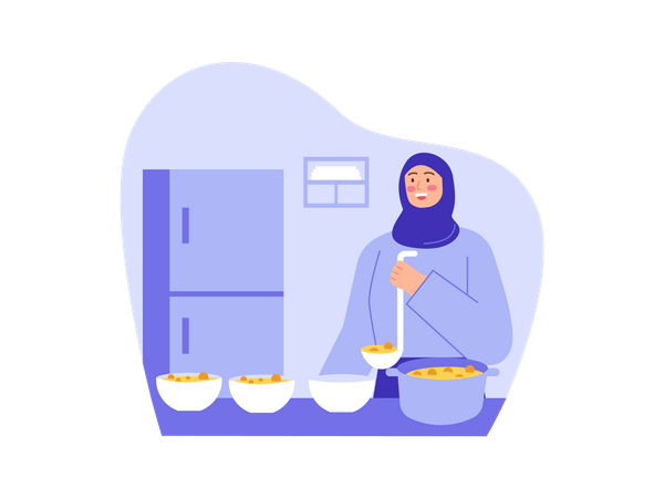 Madre musulmana sirviendo comida en tazones  Ilustración
