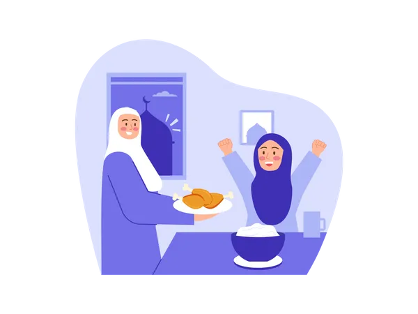 Madre musulmana sirviendo pollo a su hija  Ilustración