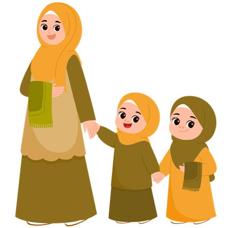 Una madre musulmana y sus hijos celebran el Eid al-Fitr Mubarak  Ilustración