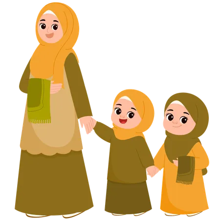 Una madre musulmana y sus hijos celebran el Eid al-Fitr Mubarak  Ilustración