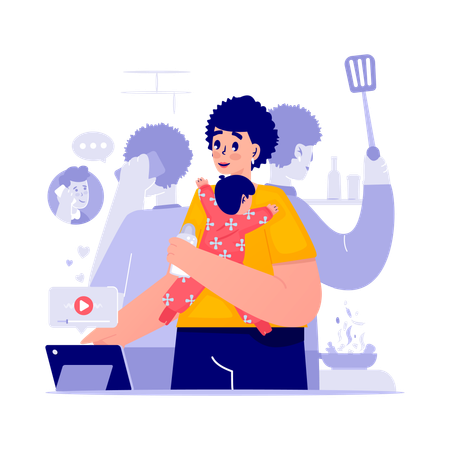 Madre ocupada haciendo múltiples tareas  Ilustración