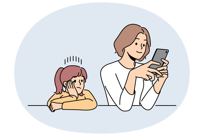 Una madre ocupada no presta atención a su hijo mientras es adicta al teléfono y se olvida de su hija.  Ilustración