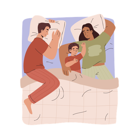 Madre padre e hijo durmiendo juntos  Ilustración