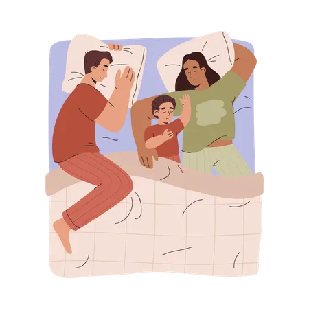 Madre padre e hijo durmiendo juntos  Ilustración