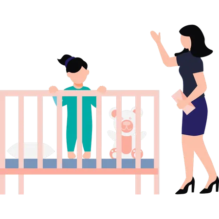 La madre está junto a la cama del niño.  Ilustración