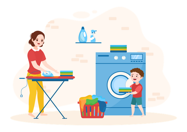 Madre planchando ropa mientras su hijo sostiene la ropa  Ilustración