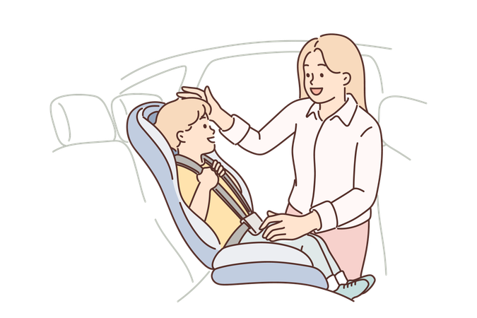 Madre coloca a su hijo en un asiento de seguridad para garantizar la seguridad del niño durante el transporte al jardín de infantes  Ilustración