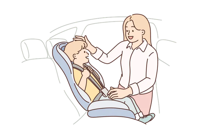 Madre coloca a su hijo en un asiento de seguridad para garantizar la seguridad del niño durante el transporte al jardín de infantes  Ilustración